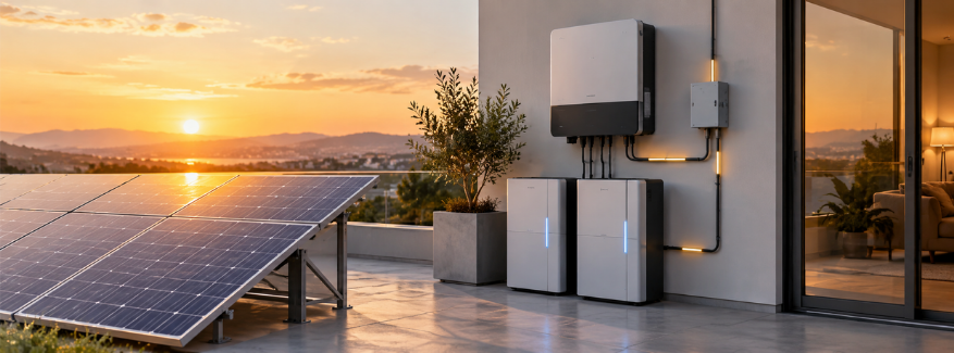 Solar hybrid system combining solar panels, hybrid inverter, battery storage and grid electricity