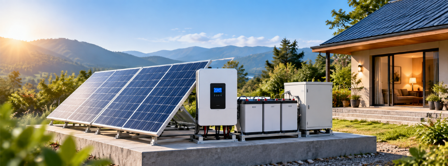 Solar off-grid solution with solar panels, inverter and battery storage for independent power supply