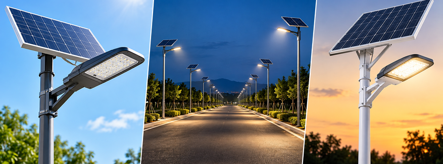 Solar street light with LED luminaire, solar panel and battery for outdoor lighting